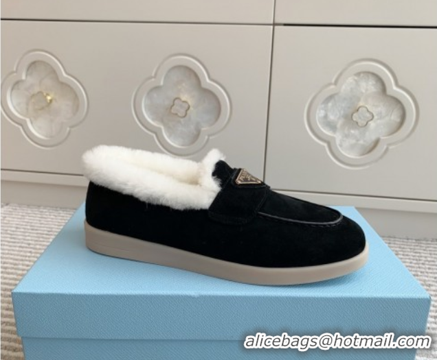 Luxury Cheap Prada Suede and Shearling Loafers P112010 Black 2025