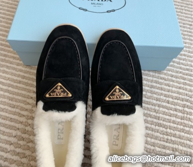 Luxury Cheap Prada Suede and Shearling Loafers P112010 Black 2025