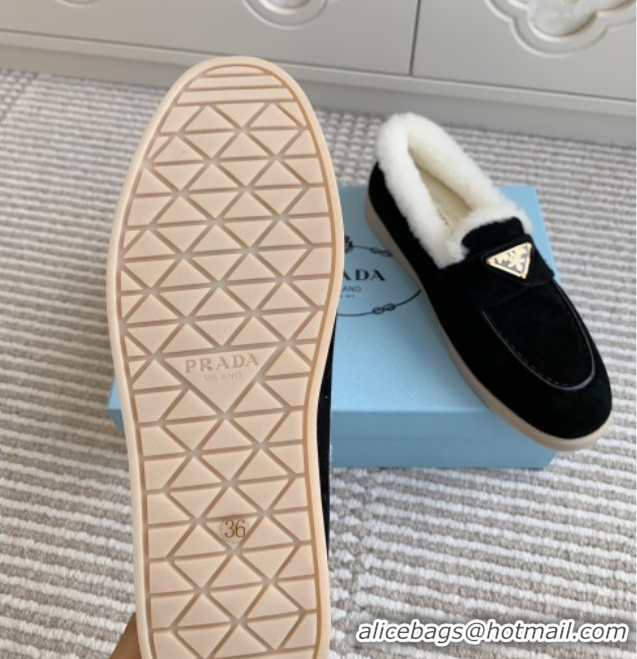 Luxury Cheap Prada Suede and Shearling Loafers P112010 Black 2025