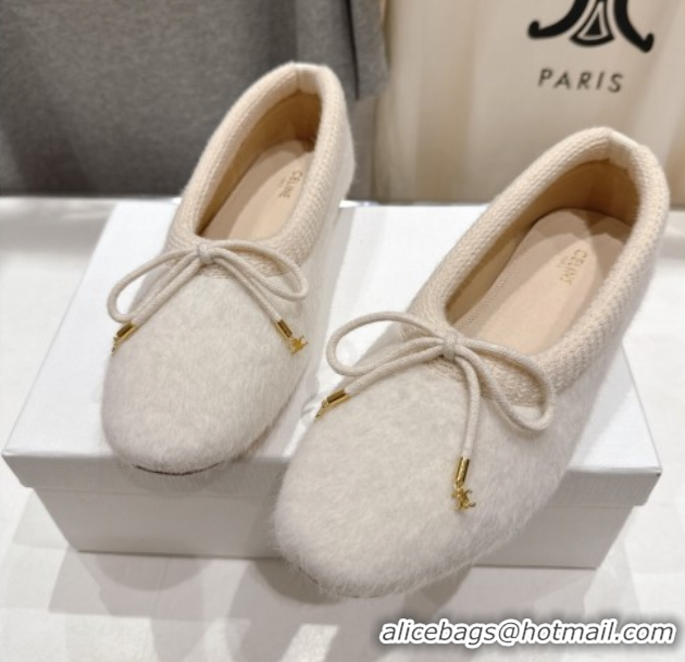 Unique Style Celine Abby Ballerinas Flat in Alpaca Wool Fabric with Bow White 1024023