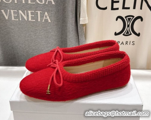 Stylish Celine Abby Ballerinas Flat in Alpaca Wool Fabric with Bow Red 1024024