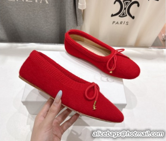 Stylish Celine Abby Ballerinas Flat in Alpaca Wool Fabric with Bow Red 1024024