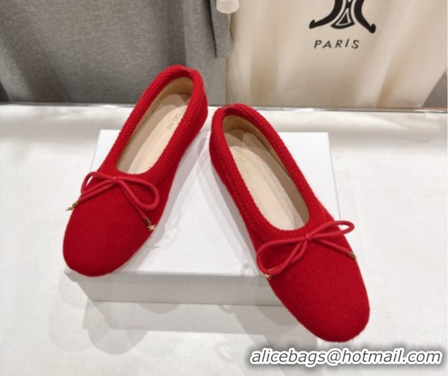 Stylish Celine Abby Ballerinas Flat in Alpaca Wool Fabric with Bow Red 1024024
