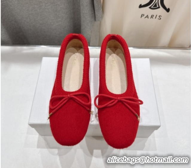 Stylish Celine Abby Ballerinas Flat in Alpaca Wool Fabric with Bow Red 1024024