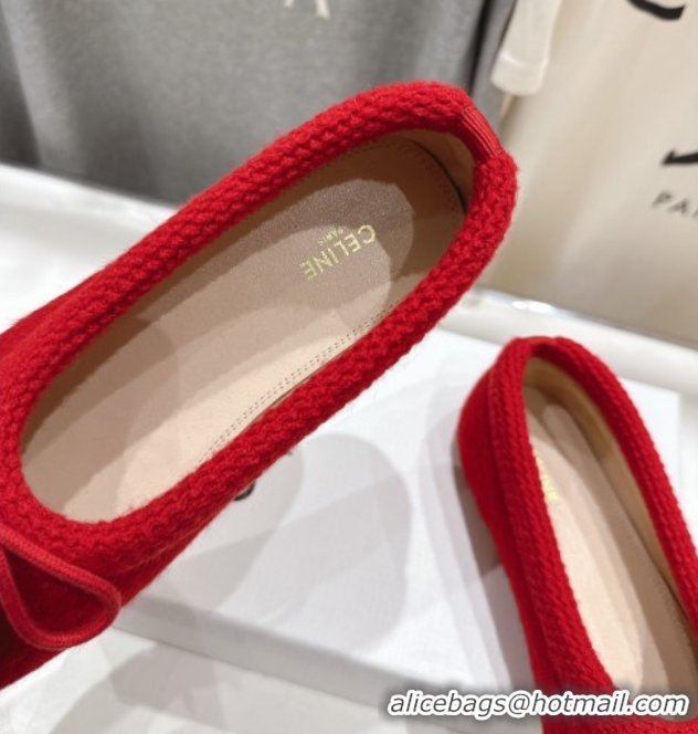 Stylish Celine Abby Ballerinas Flat in Alpaca Wool Fabric with Bow Red 1024024
