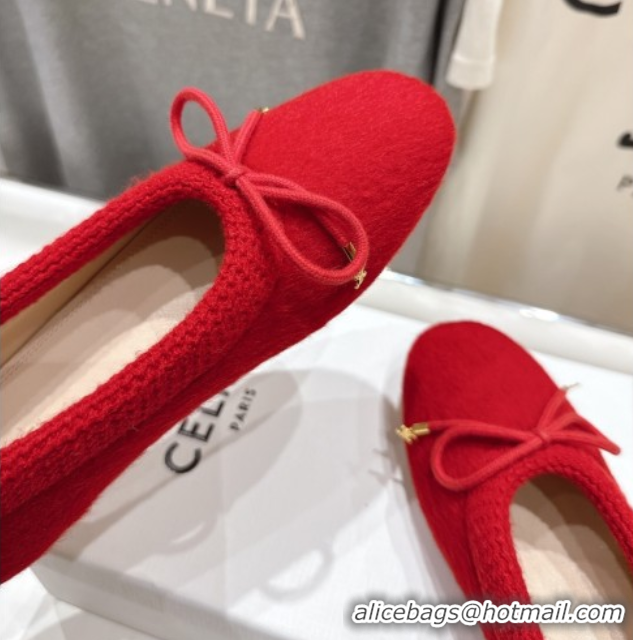 Stylish Celine Abby Ballerinas Flat in Alpaca Wool Fabric with Bow Red 1024024