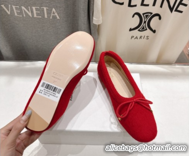 Stylish Celine Abby Ballerinas Flat in Alpaca Wool Fabric with Bow Red 1024024