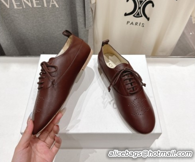 Best Product Celine Lise Perforated Triomphe Richelieu Laced-up Shoes in Calfskin Leather Dark Brown 1024025