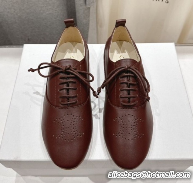 Best Product Celine Lise Perforated Triomphe Richelieu Laced-up Shoes in Calfskin Leather Dark Brown 1024025