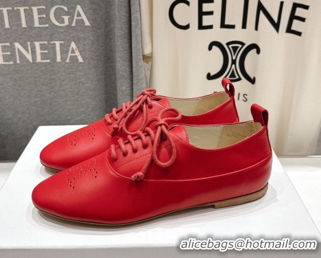 Grade Quality Celine Lise Perforated Triomphe Richelieu Laced-up Shoes in Calfskin Leather Red 1024027