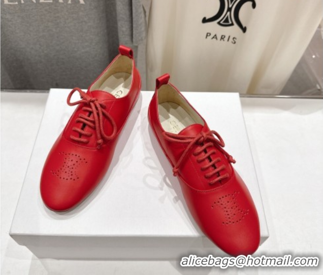 Grade Quality Celine Lise Perforated Triomphe Richelieu Laced-up Shoes in Calfskin Leather Red 1024027