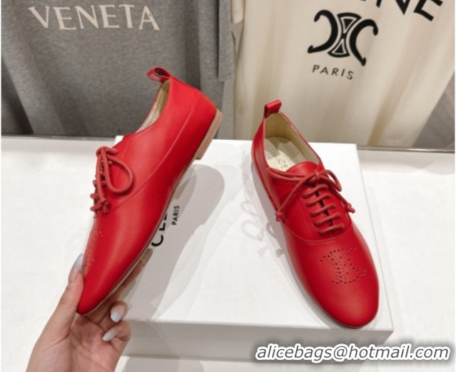 Grade Quality Celine Lise Perforated Triomphe Richelieu Laced-up Shoes in Calfskin Leather Red 1024027
