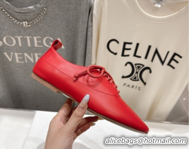 Grade Quality Celine Lise Perforated Triomphe Richelieu Laced-up Shoes in Calfskin Leather Red 1024027