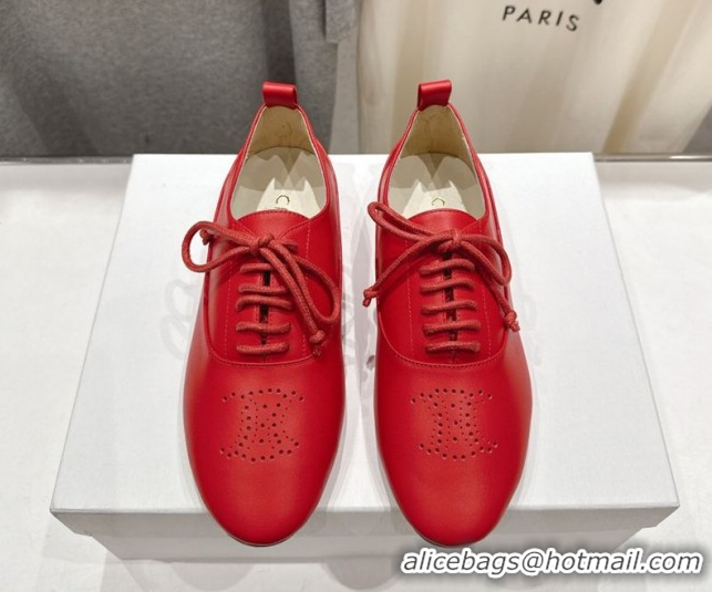 Grade Quality Celine Lise Perforated Triomphe Richelieu Laced-up Shoes in Calfskin Leather Red 1024027