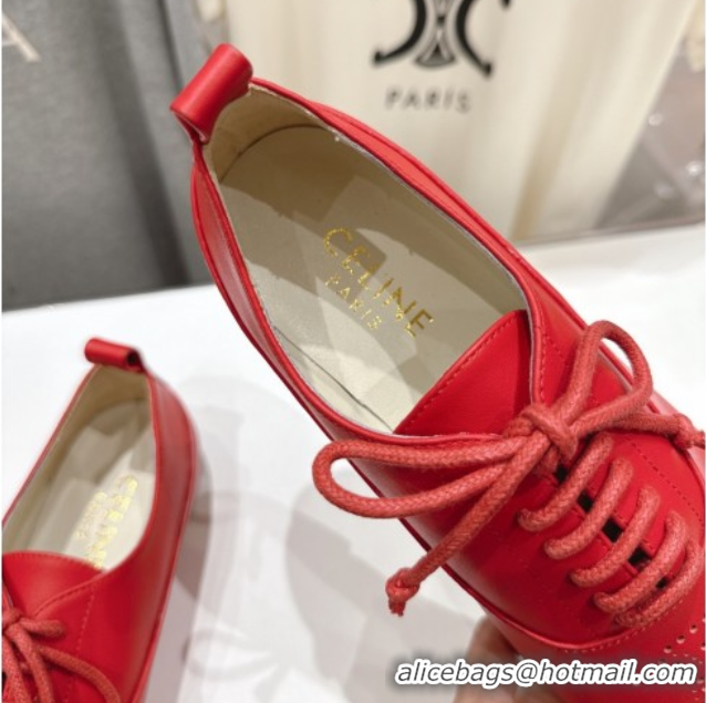 Grade Quality Celine Lise Perforated Triomphe Richelieu Laced-up Shoes in Calfskin Leather Red 1024027