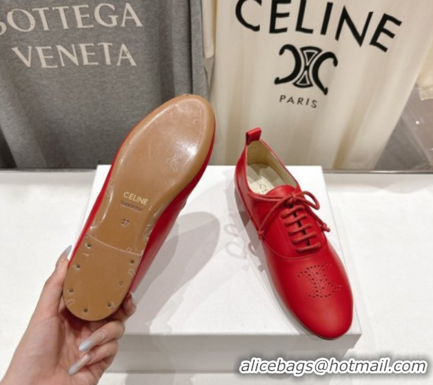 Grade Quality Celine Lise Perforated Triomphe Richelieu Laced-up Shoes in Calfskin Leather Red 1024027