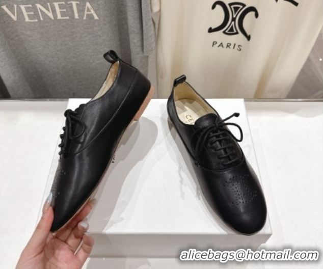 Best Grade Celine Lise Perforated Triomphe Richelieu Laced-up Shoes in Calfskin Leather Black 1024028
