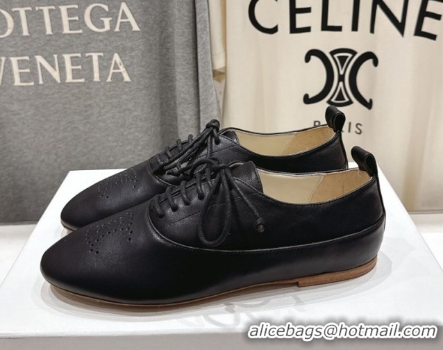 Best Grade Celine Lise Perforated Triomphe Richelieu Laced-up Shoes in Calfskin Leather Black 1024028