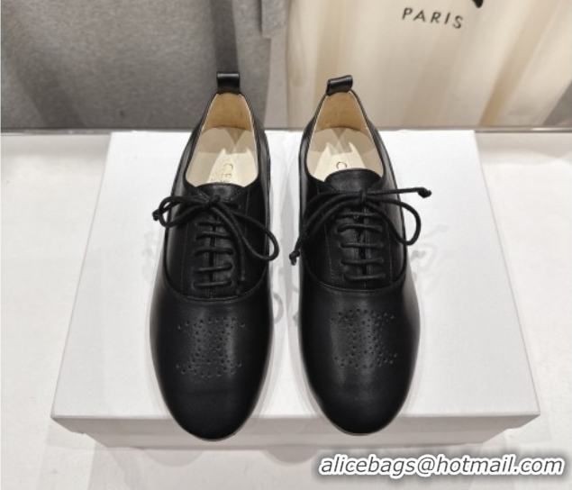 Best Grade Celine Lise Perforated Triomphe Richelieu Laced-up Shoes in Calfskin Leather Black 1024028