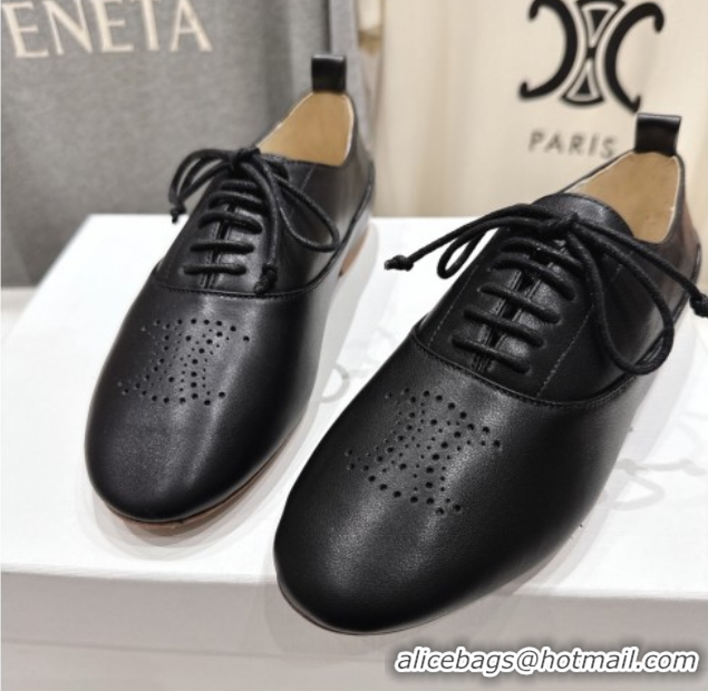 Best Grade Celine Lise Perforated Triomphe Richelieu Laced-up Shoes in Calfskin Leather Black 1024028