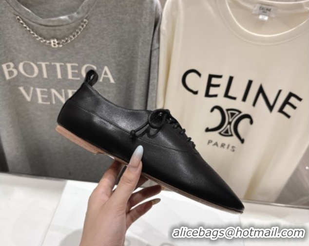 Best Grade Celine Lise Perforated Triomphe Richelieu Laced-up Shoes in Calfskin Leather Black 1024028