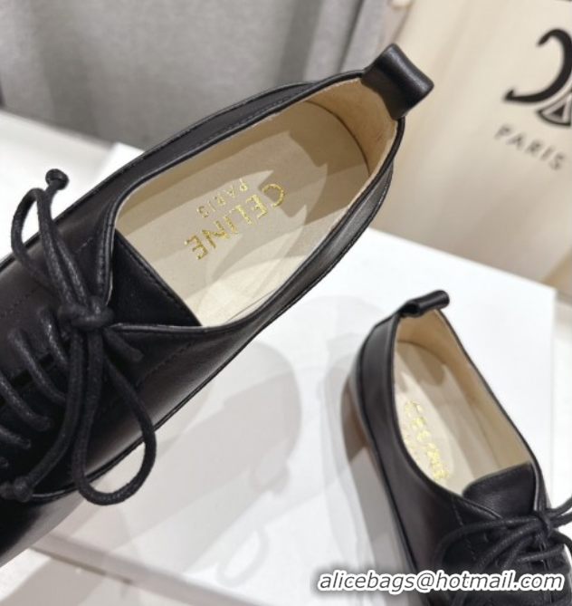 Best Grade Celine Lise Perforated Triomphe Richelieu Laced-up Shoes in Calfskin Leather Black 1024028
