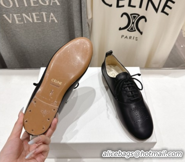 Best Grade Celine Lise Perforated Triomphe Richelieu Laced-up Shoes in Calfskin Leather Black 1024028