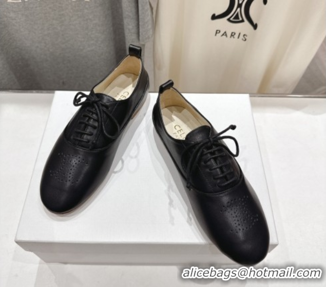 Best Grade Celine Lise Perforated Triomphe Richelieu Laced-up Shoes in Calfskin Leather Black 1024028