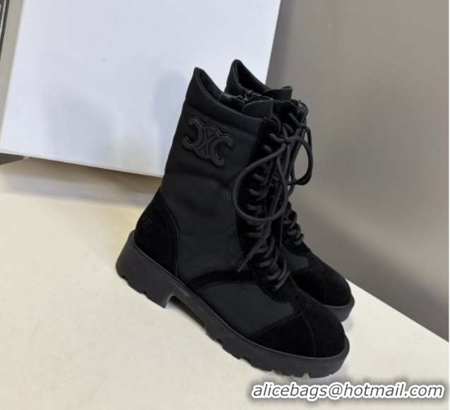 Best Price Celine Margaret Laced-up Ankle Boots in Nylon and Suede Black 1024029