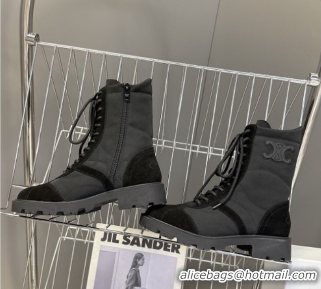 Best Price Celine Margaret Laced-up Ankle Boots in Nylon and Suede Black 1024029