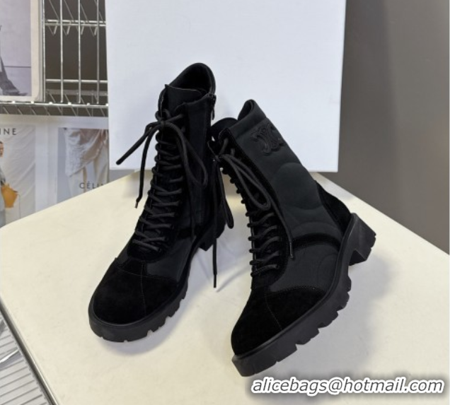 Best Price Celine Margaret Laced-up Ankle Boots in Nylon and Suede Black 1024029