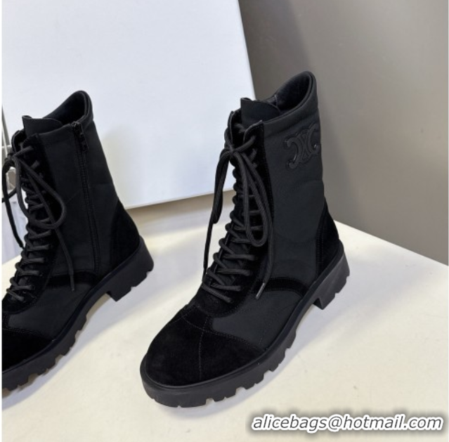 Best Price Celine Margaret Laced-up Ankle Boots in Nylon and Suede Black 1024029