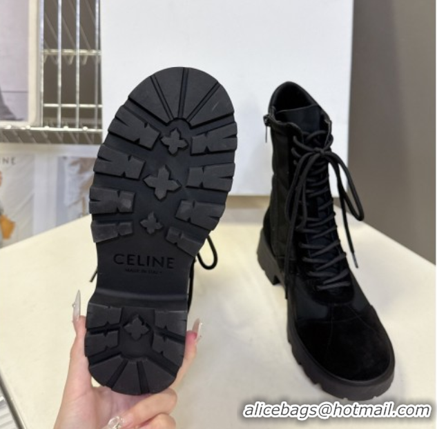 Best Price Celine Margaret Laced-up Ankle Boots in Nylon and Suede Black 1024029