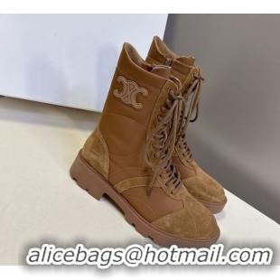 Sumptuous Celine Margaret Laced-up Ankle Boots in Nylon and Suede Brown 1024030