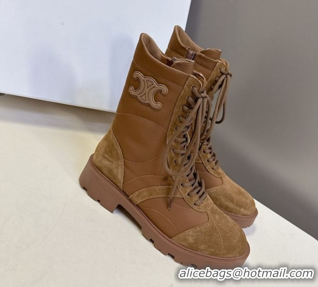 Sumptuous Celine Margaret Laced-up Ankle Boots in Nylon and Suede Brown 1024030