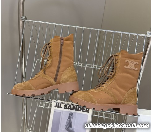 Sumptuous Celine Margaret Laced-up Ankle Boots in Nylon and Suede Brown 1024030