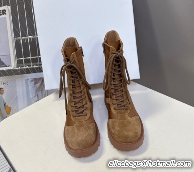 Sumptuous Celine Margaret Laced-up Ankle Boots in Nylon and Suede Brown 1024030