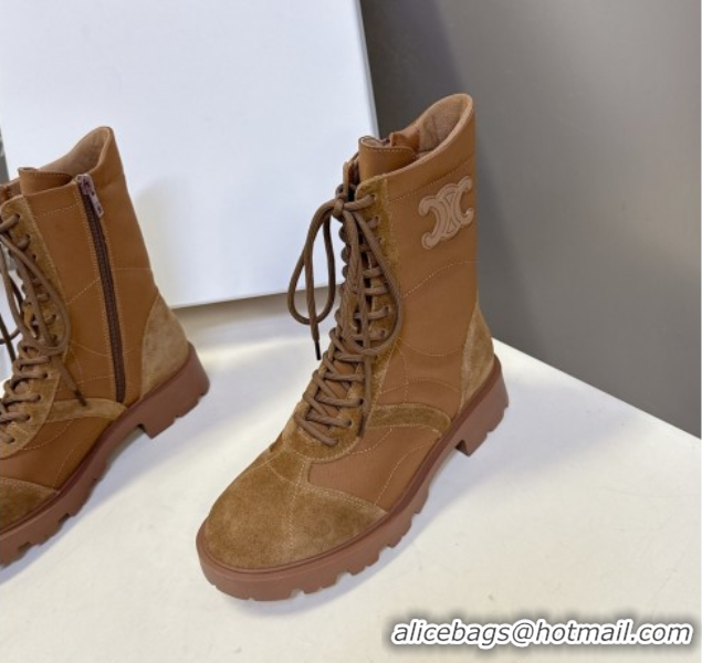 Sumptuous Celine Margaret Laced-up Ankle Boots in Nylon and Suede Brown 1024030