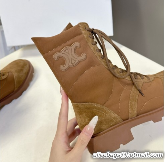 Sumptuous Celine Margaret Laced-up Ankle Boots in Nylon and Suede Brown 1024030