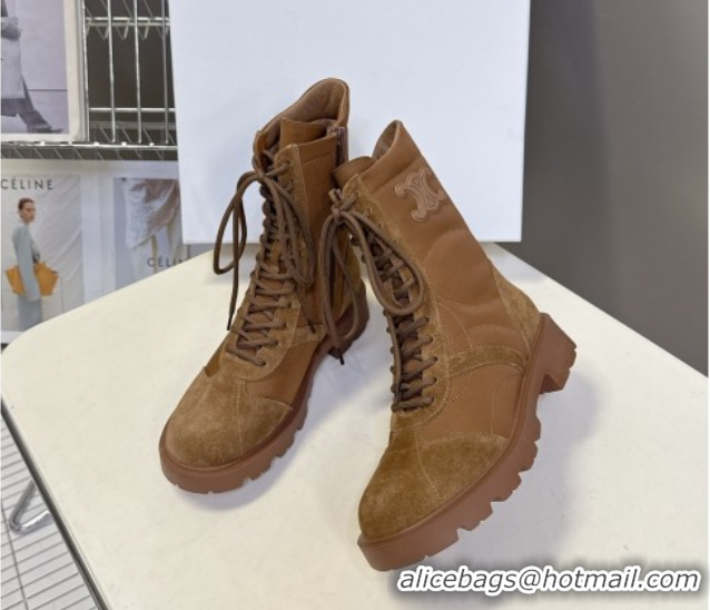 Sumptuous Celine Margaret Laced-up Ankle Boots in Nylon and Suede Brown 1024030