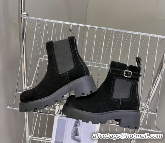 Good Quality Celine Triomphe Rangers Chelsea Platform Ankle Boots 5cm with Buckle in Suede Black 1024036