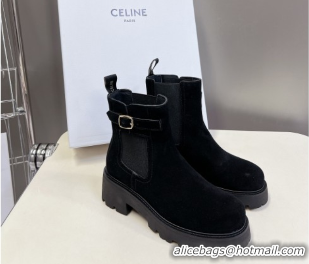 Good Quality Celine Triomphe Rangers Chelsea Platform Ankle Boots 5cm with Buckle in Suede Black 1024036