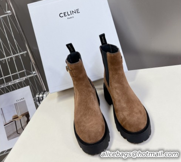 Classic Hot Celine Triomphe Rangers Chelsea Platform Ankle Boots 5cm with Buckle in Suede Brown 1024037