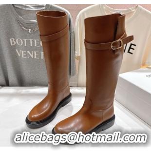 Good Looking Celine Universite Flat High Boots in Calfskin Leather with Buckle Brown 1024038