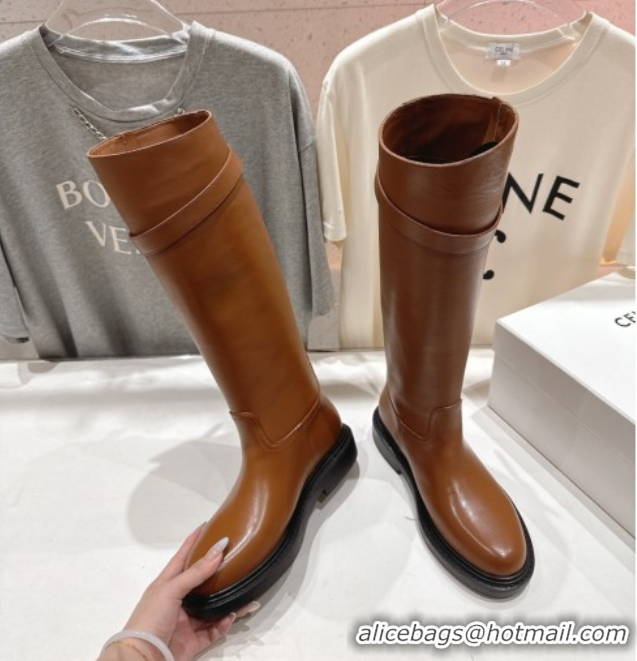 Good Looking Celine Universite Flat High Boots in Calfskin Leather with Buckle Brown 1024038