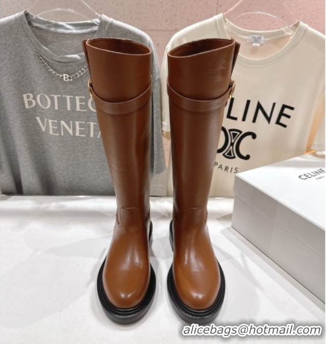 Good Looking Celine Universite Flat High Boots in Calfskin Leather with Buckle Brown 1024038