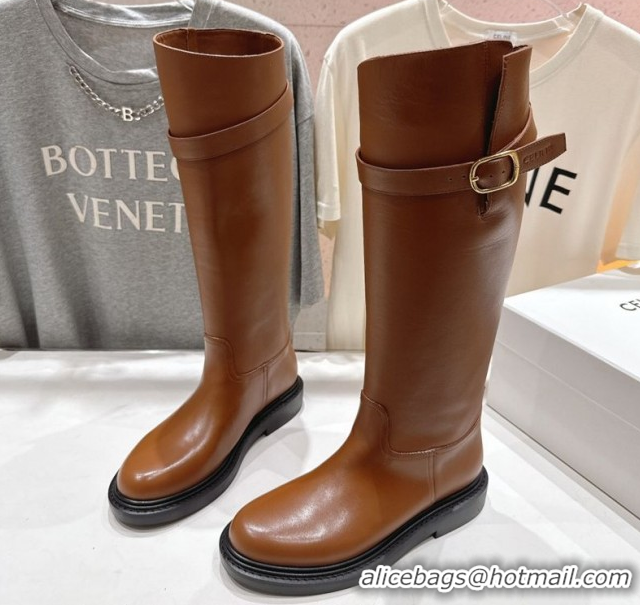 Good Looking Celine Universite Flat High Boots in Calfskin Leather with Buckle Brown 1024038