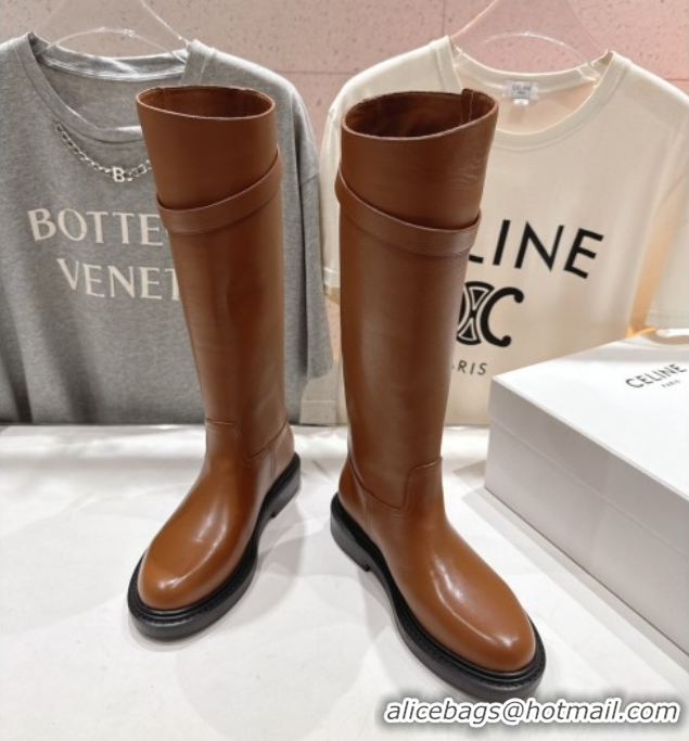 Good Looking Celine Universite Flat High Boots in Calfskin Leather with Buckle Brown 1024038