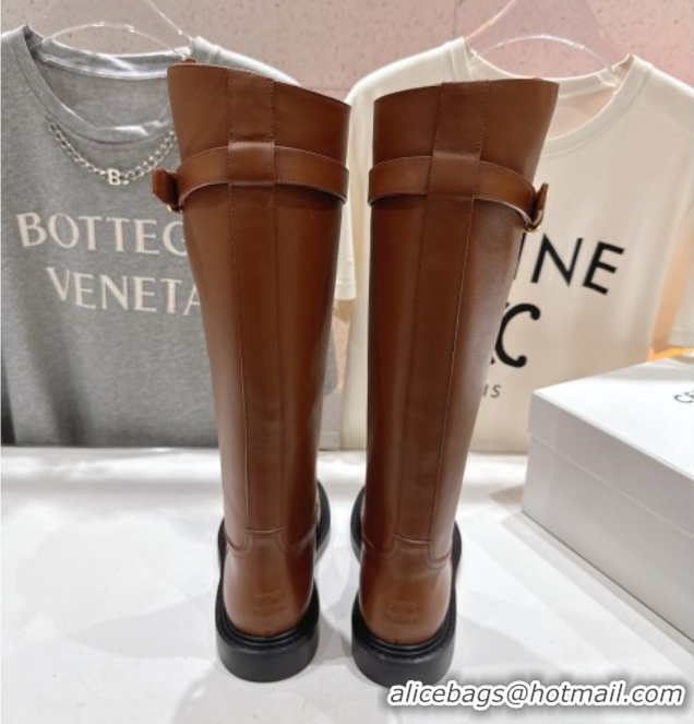 Good Looking Celine Universite Flat High Boots in Calfskin Leather with Buckle Brown 1024038