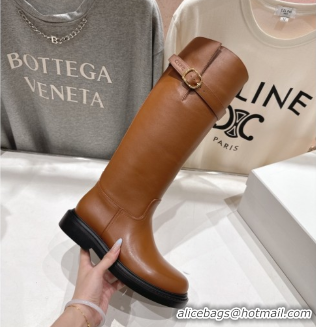 Good Looking Celine Universite Flat High Boots in Calfskin Leather with Buckle Brown 1024038
